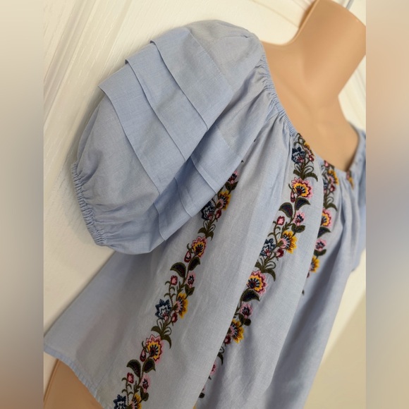 American Eagle Floral Embroidery Puff Sleeve Light Blue Babydoll Blouse, Size S - Picture 3 of 7